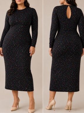 Dancing Leopard Dove Black Abstract Print Long Sleeve Bodycon Stretch Midi Dress